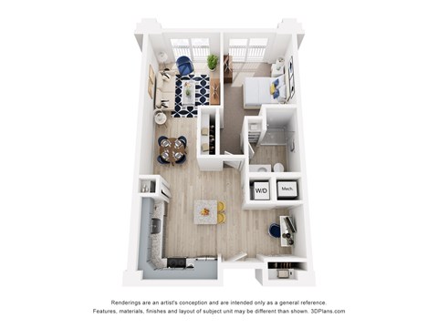 Floor plan for 1 bed, 1 bath, 640 sqft